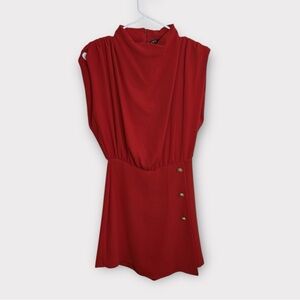 Zara Red Cowl Neck Sleeveless Romper XS Gold Button Accents Zipper Back
